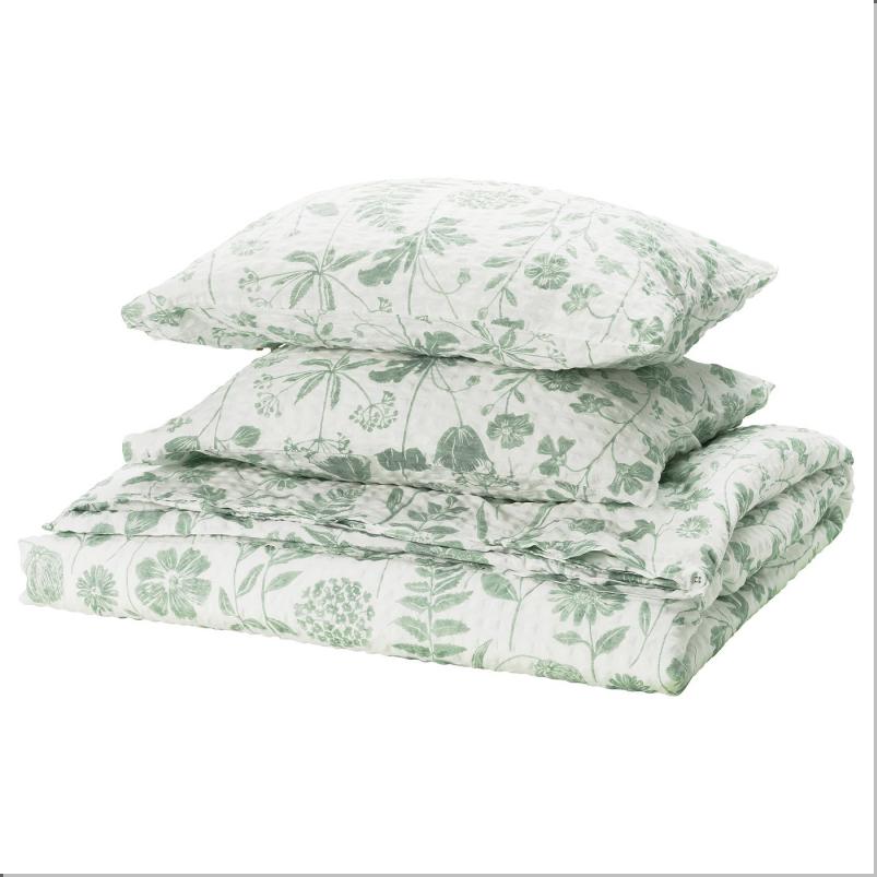 NALBJORNBAR ノールビョーンベール 掛け布団カバー＆枕カバー（枕カバー2枚） - ホワイト グレーグリーン/フローラルパターン 200x200/50x60cm