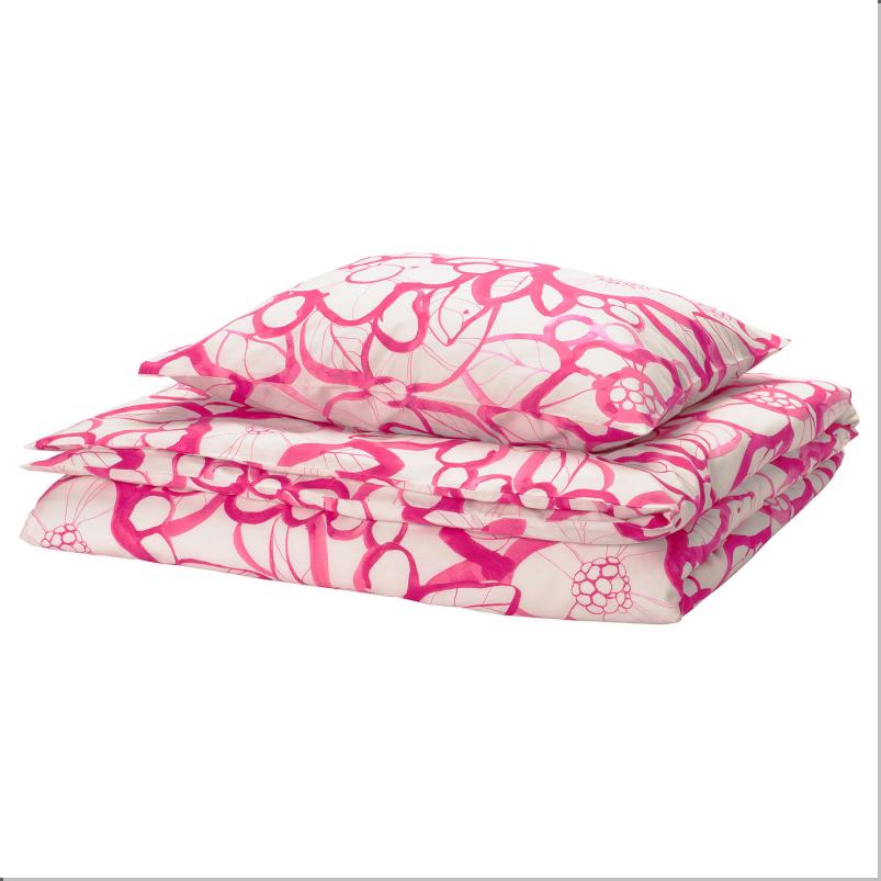 HARLIR ヘールリル 掛け布団カバー＆枕カバー - ホワイト ブライトピンク/フローラルパターン 150x200/50x60cm
