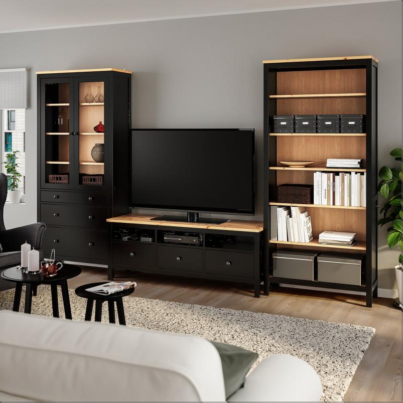 HEMNES ヘムネス テレビボード - ブラックブラウン/ライトブラウン クリアガラス 326x198cm