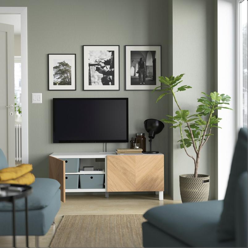 BESTA ベストー テレビ台 扉付き - ホワイト ヘデヴィーケン/ストゥッバルプ/オーク材突き板 120x42x48cm