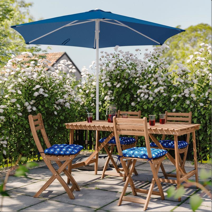 ASKHOLMEN アスクホルメン テーブル＋折りたたみチェア4 屋外用 - ダークブラウン/クローサン ダークブルー 143x75cm