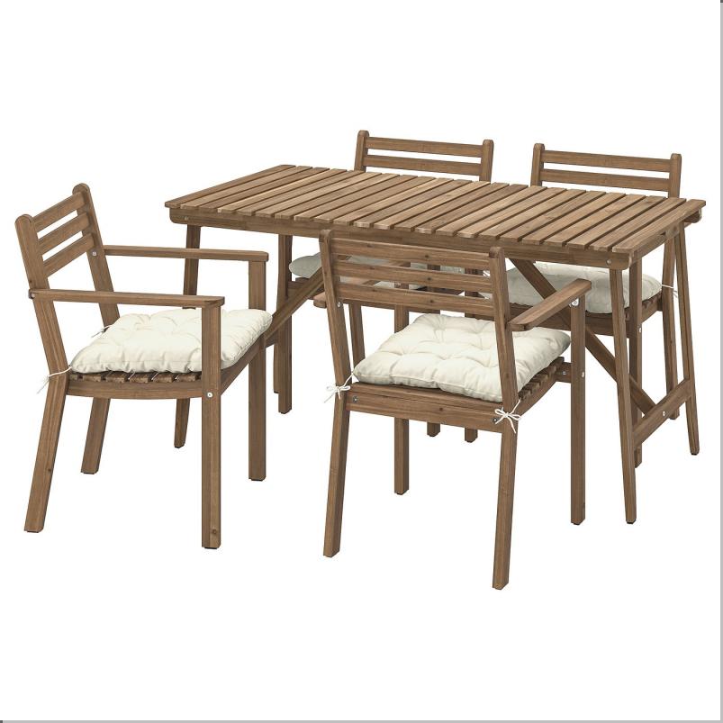 ASKHOLMEN アスクホルメン テーブル+チェア アームレスト付き4脚、屋外用 - ダークブラウン/クッダルナ ライトグレーベージュ 143x75cm