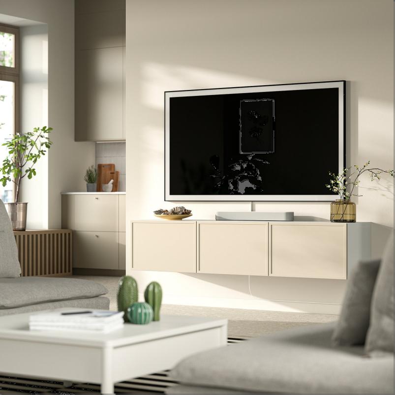 BESTA ベストー テレビ台 扉付き - ホワイト/クルークマカーレ ベージュ 180x42x38cm
