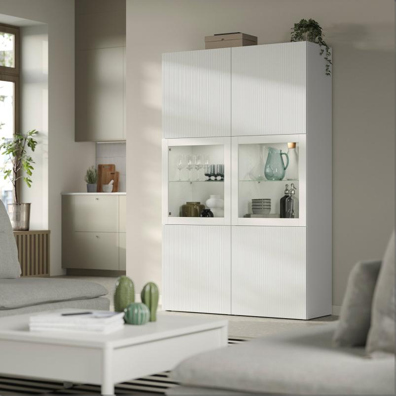 BESTÅ ベストー 収納コンビネーション ガラス扉付き - ホワイト/フォーヴァルタレ ホワイト 120x42x193 cm