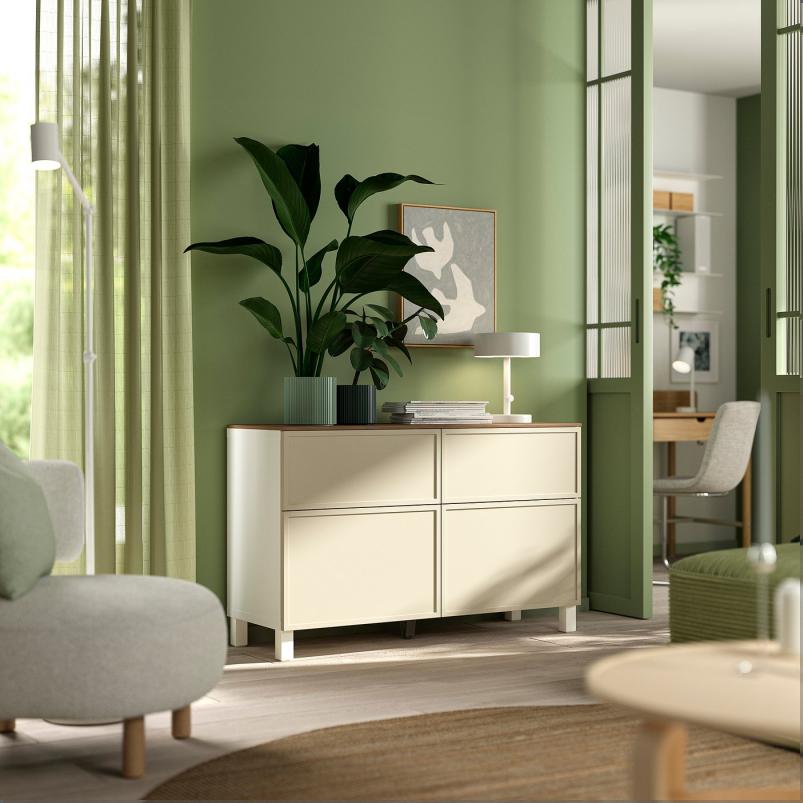 BESTA ベストー 収納コンビネーション 扉/引き出し付き - ホワイト/クルークマカーレ ベージュ 120x42x75cm