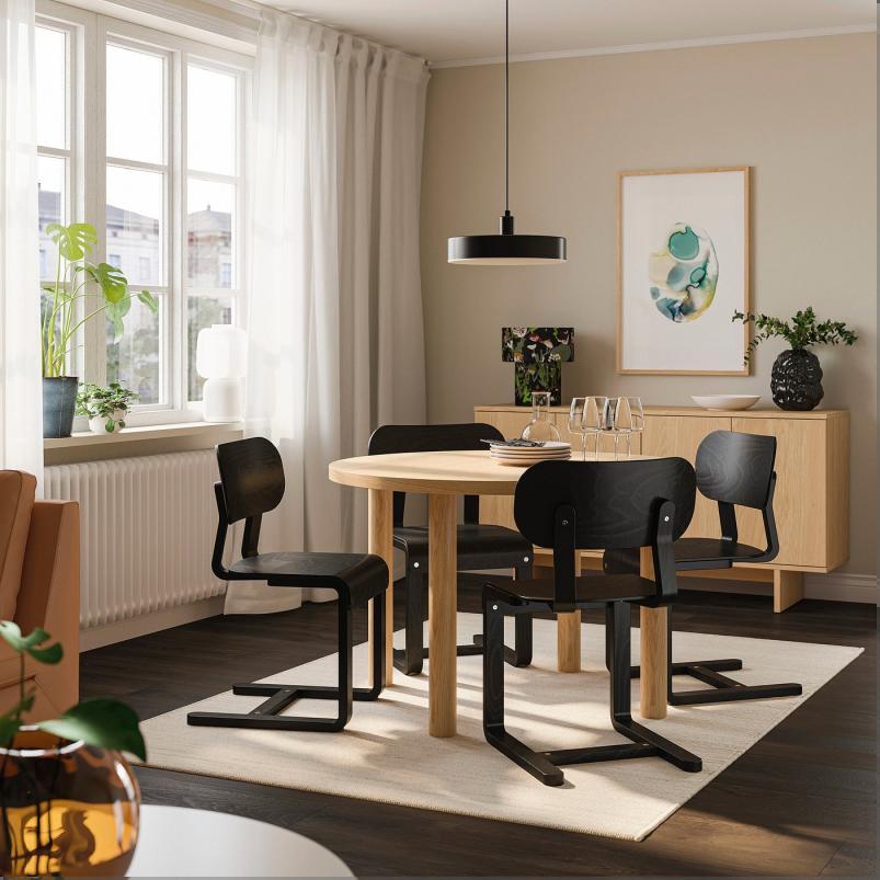 STOCKHOLM 2025 ストックホルム 2025 / LYCKAN リッカン テーブル＆チェア4脚 - オーク材突き板/ブラック バーチ材突き板 115cm