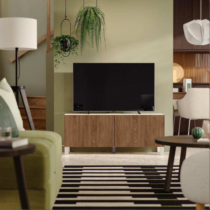 BESTA ベストー テレビ台 扉付き - ホワイト/ラップヴィーケン/ストゥッバルプ ウォールナット調 120x42x48cm