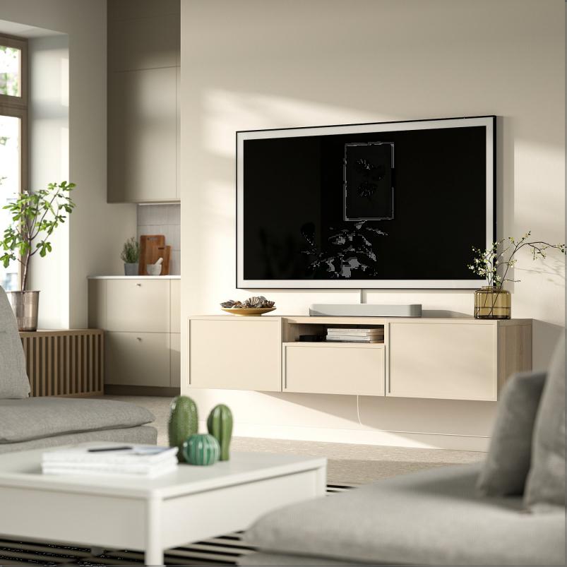 BESTA ベストー テレビ台 - ホワイトステインオーク調/クルークマカーレ ベージュ 180x42x39cm