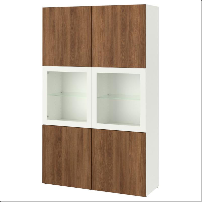 BESTA ベストー 収納コンビネーション ガラス扉付き - ホワイト ラップヴィーケン/シンドヴィーク ウォールナット調 120x42x193cm