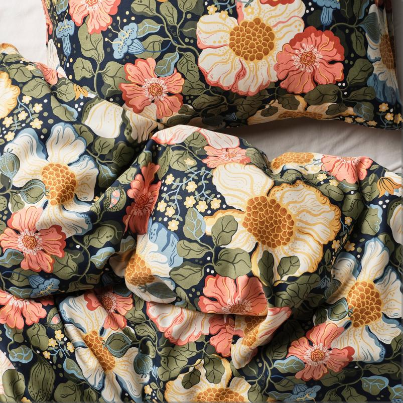 ARENBOK アレンボック 掛け布団カバー＆枕カバー - ダークブルー/フローラルパターン 150x200/50x60cm