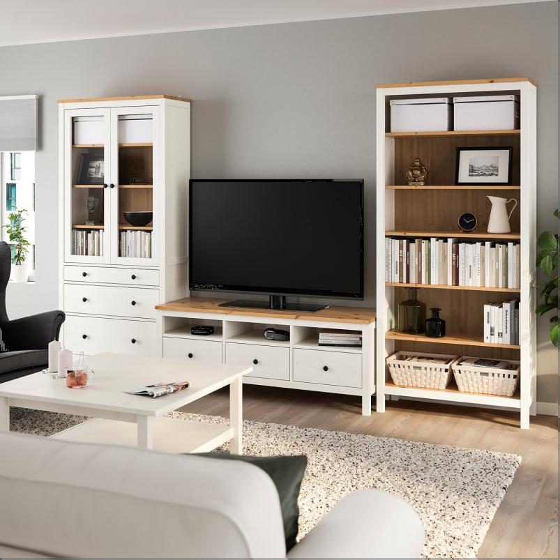 HEMNES ヘムネス テレビボード - ホワイトステイン/ライトブラウン クリアガラス 326x198cm