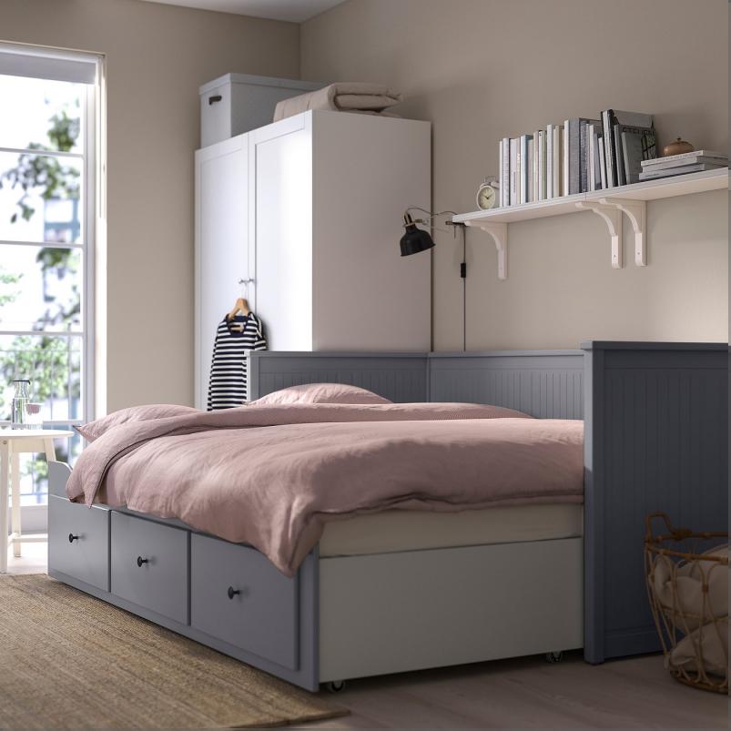 HEMNES ヘムネス デイベッド 引き出し3/マットレス2付き - グレー/ヴァンナレイド かため 80x200cm