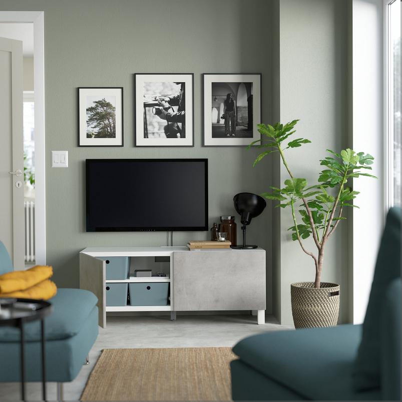 BESTA ベストー テレビ台 扉付き - ホワイト カルヴィーケン/ストゥッバルプ/ライトグレー 120x42x48cm