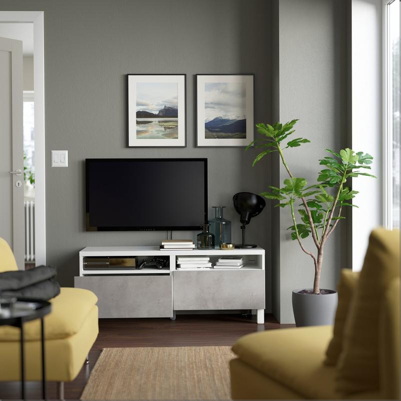 BESTA ベストー テレビ台 引き出し付き - ホワイト/カルヴィーケン/ストゥッバルプ ライトグレー 120x42x48cm