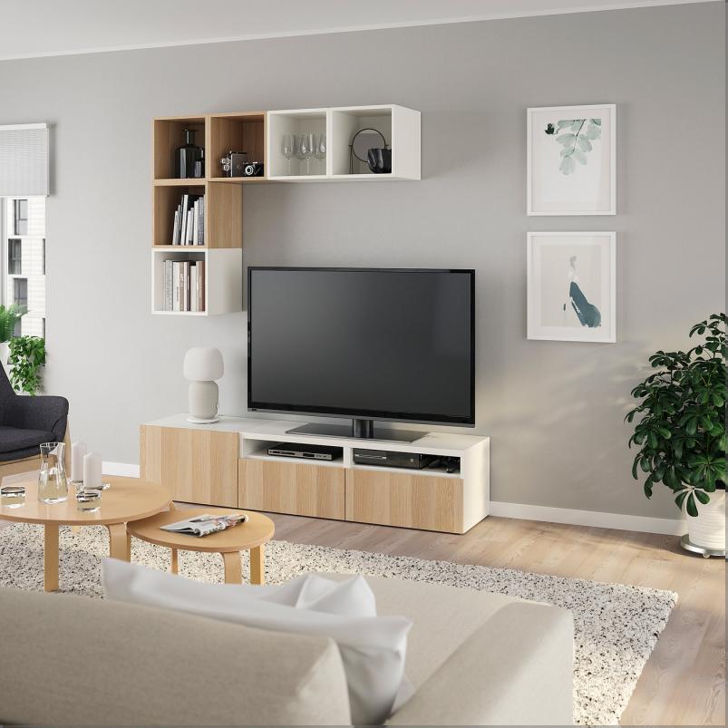 BESTA ベストー / EKET エーケト キャビネットコンビネーション テレビ用 - ホワイト/ホワイトステインオーク調 180x42x170cm