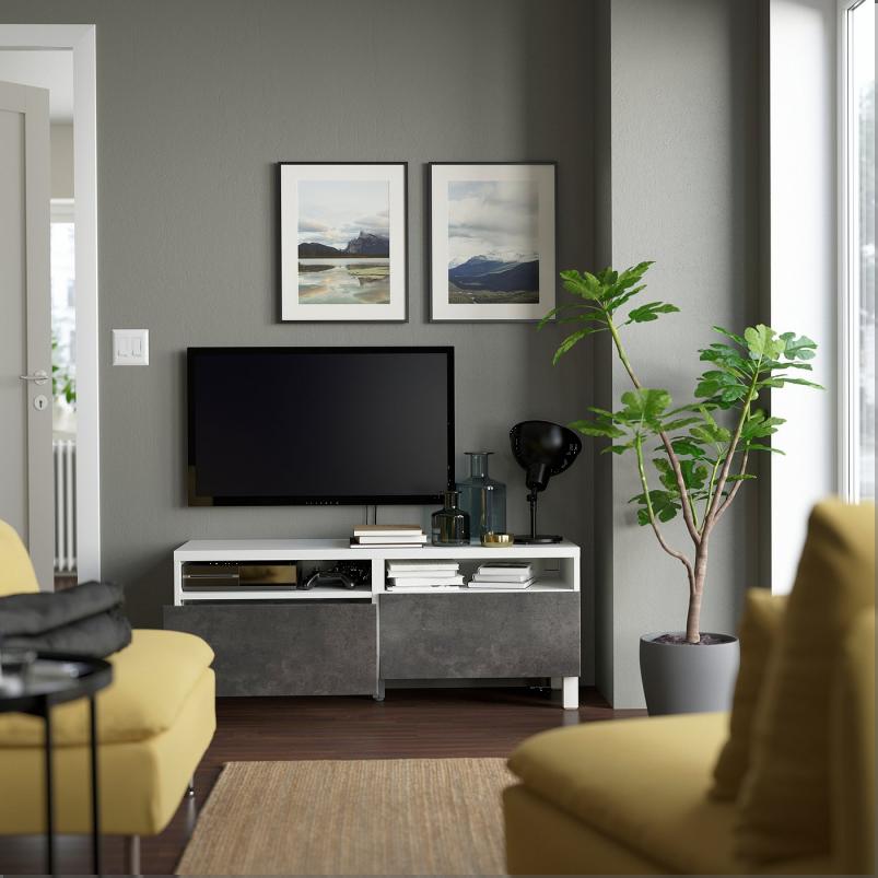BESTA ベストー テレビ台 引き出し付き - ホワイト/カルヴィーケン/ストゥッバルプ ダークグレー 120x42x48cm