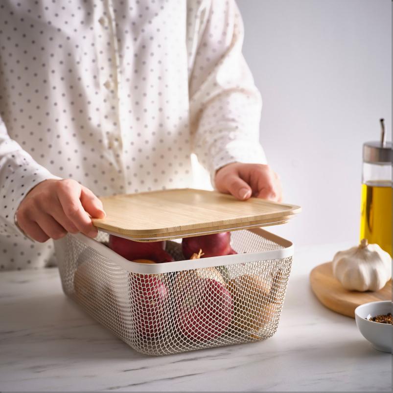 IKEA 365+ 食品保存バスケット ふた付き - 長方形 メタル/ホワイト 竹 32x21x13cm