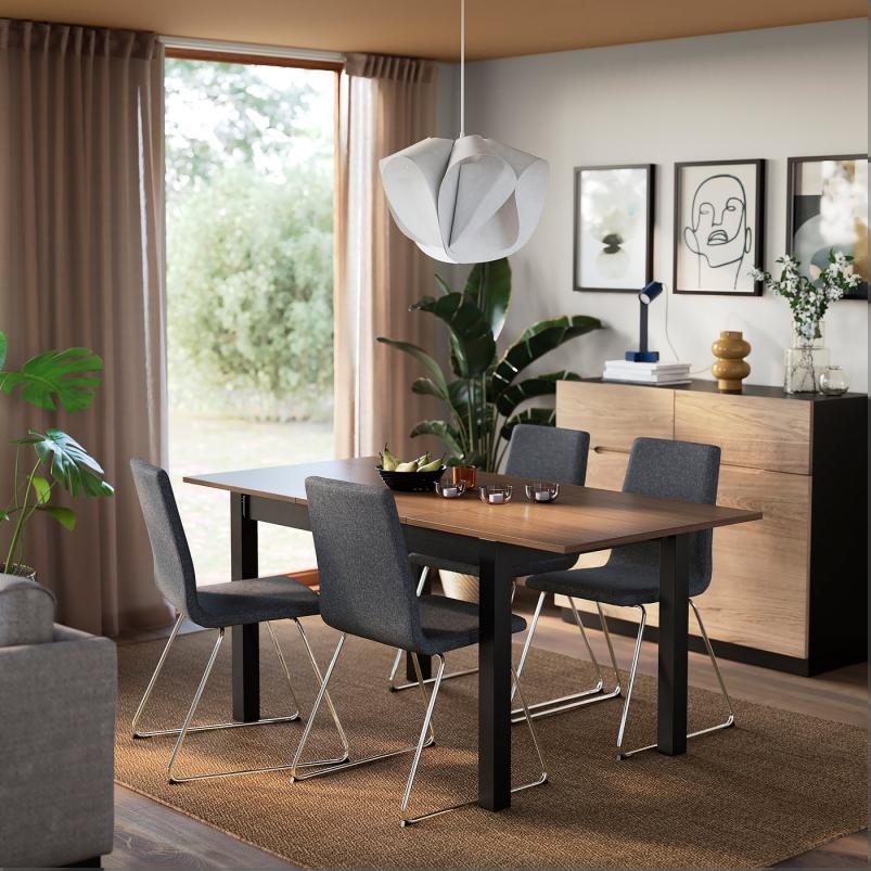 ALHULT オールフルト / LILLANAS リルローネス テーブル＆チェア4脚 - ブラック/ブラウン/グンナレド ダークグレー クロムメッキ 120/170x80cm