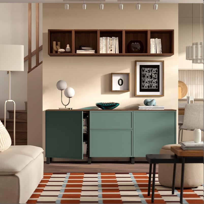 BESTA ベストー 収納コンビネーション 引き出し付 - ブラックブラウン クルークマカーレ/ダークグレーグリーン ウォールナット調 180x42x75cm