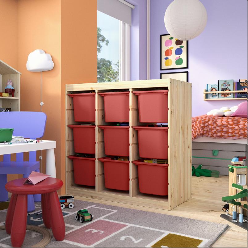 TROFAST トロファスト 収納コンビネーション - ルームディバイダ―/ライトホワイトステインパイン レッド 93x44x91cm