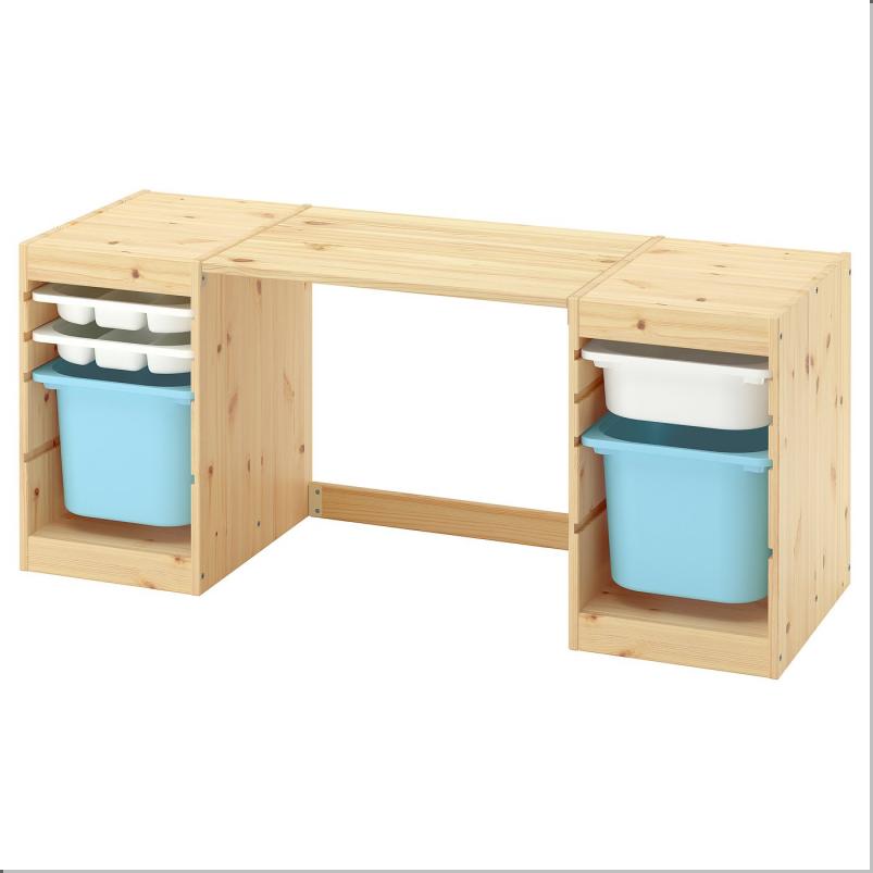 TROFAST トロファスト デスク 収納ボックス/トレイ付き - ライトホワイトステインパイン/ホワイト ライトブルー 124x44x53cm