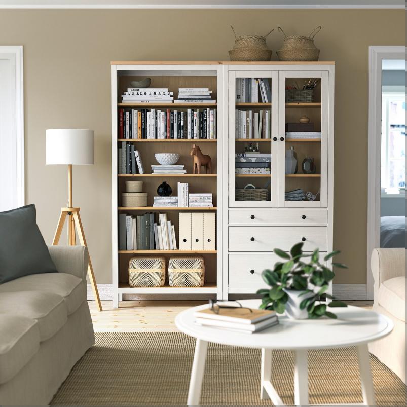 HEMNES ヘムネス 収納コンビネーション 扉/引き出し付き - ホワイト/ライトブラウンステイン 180x197cm
