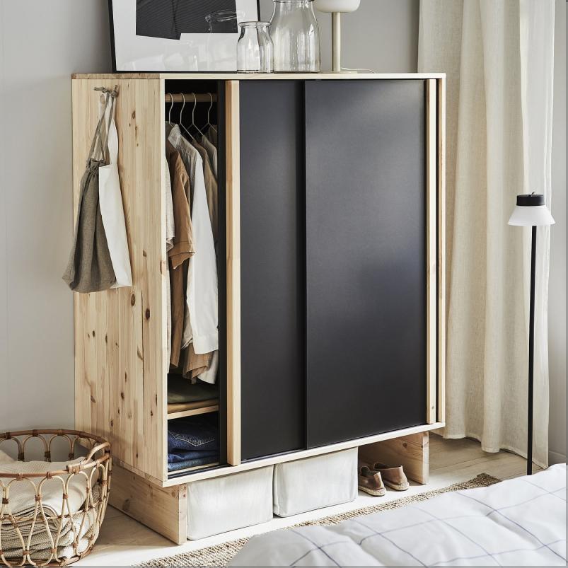 GLAMBERGET グラムベルゲット ワードローブ 引き戸3枚付き - パイン材/ブラック 117x63x150cm