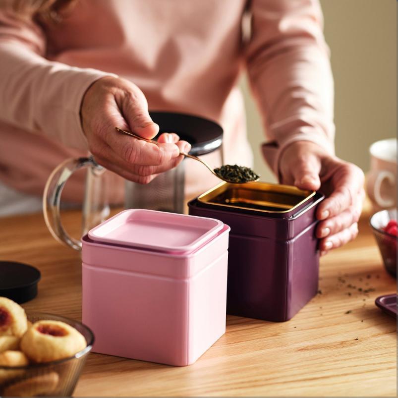 BLOMNING ブロムニング 缶 ふた付き - ブラウンレッド/ピンク コーヒー/紅茶用 10x10x10cm