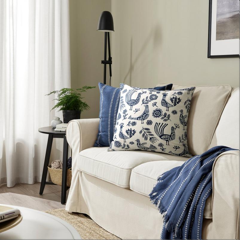 KRUTBRANNARE クルートブレンナレ クッションカバー - ナチュラル ブルー/鳥 フローラルパターン 50x50cm