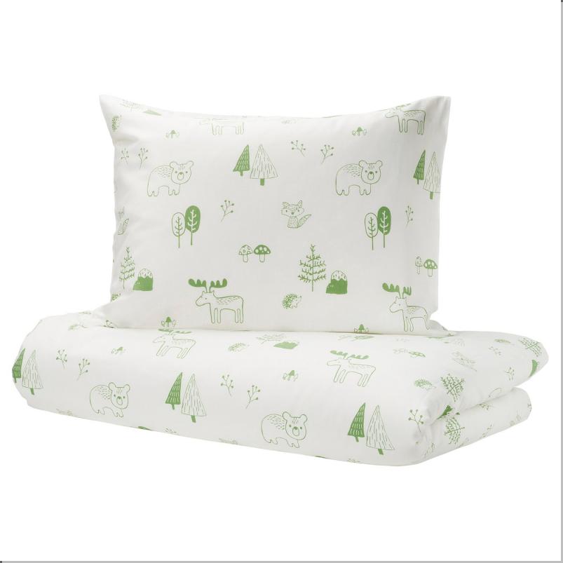 BARNDROM バーンドローム 掛け布団カバー＆枕カバー - ホワイト グリーン/森 150x200/50x60cm