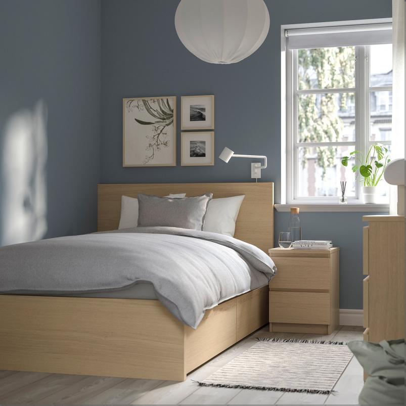 MALM マルム ベッドフレーム 収納ボックス2個付き - ホワイトステインオーク材突き板 120x200cm