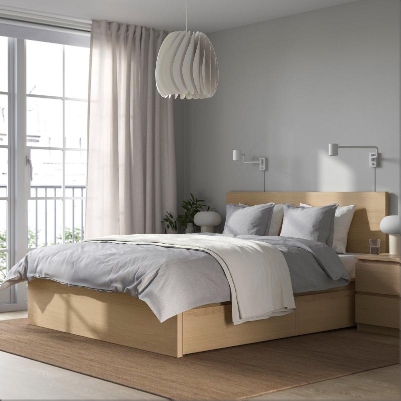 MALM マルム ベッドフレーム 収納ボックス2個付き - ホワイトステインオーク材突き板 160x200cm