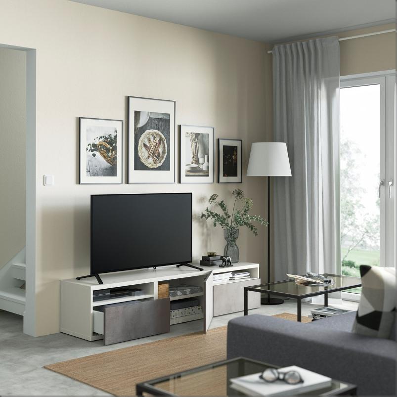 BESTA ベストー テレビ台 引き出し&扉付き - ホワイト/カルヴィーケン ライトグレー 180x42x39cm