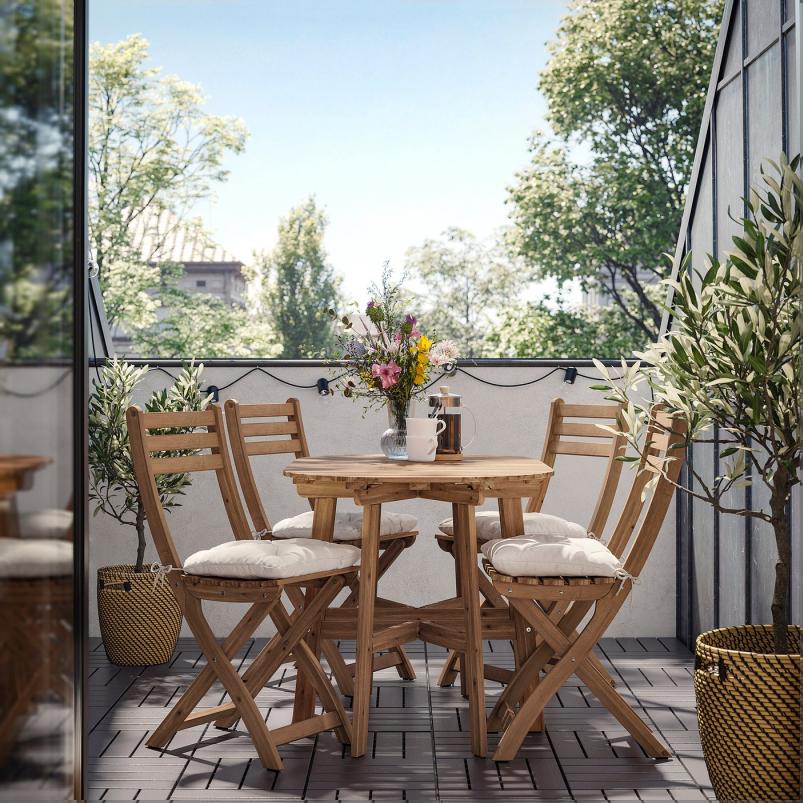 ASKHOLMEN アスクホルメン ゲートレッグテーブル+チェア4脚 屋外用 - 折りたたみ式 ダークブラウン/クッダルナ ライトグレーベージュ