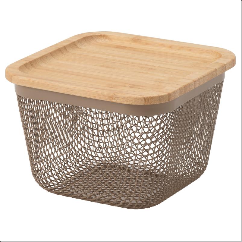 IKEA 365+ 食品保存バスケット ふた付き - 正方形 メタル/ライトグレーブラウン 竹 15x15x11 cm