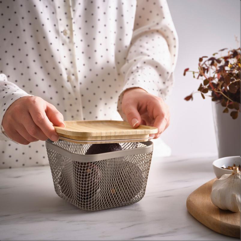 IKEA 365+ 食品保存バスケット ふた付き - 正方形 メタル/ライトグレーブラウン 竹 15x15x11cm
