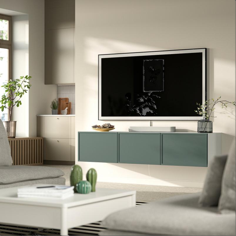 BESTA ベストー テレビ台 扉付き - ホワイト/クルークマカーレ ダークグレーグリーン 180x42x38cm