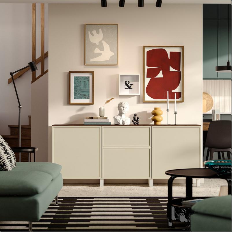 BESTA ベストー 収納コンビネーション 引き出し付 - ホワイト/クルークマカーレ ベージュ 180x42x75cm