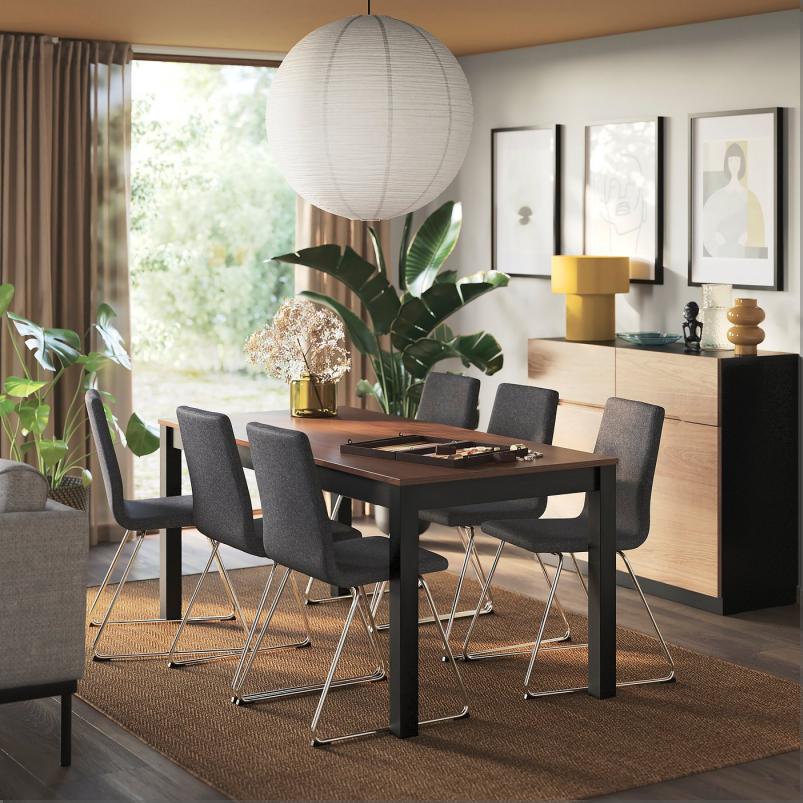 ALHULT オールフルト / LILLANAS リルローネス テーブル＆チェア6脚 - ブラック/ブラウン/グンナレド ダークグレー クロムメッキ 170x80cm