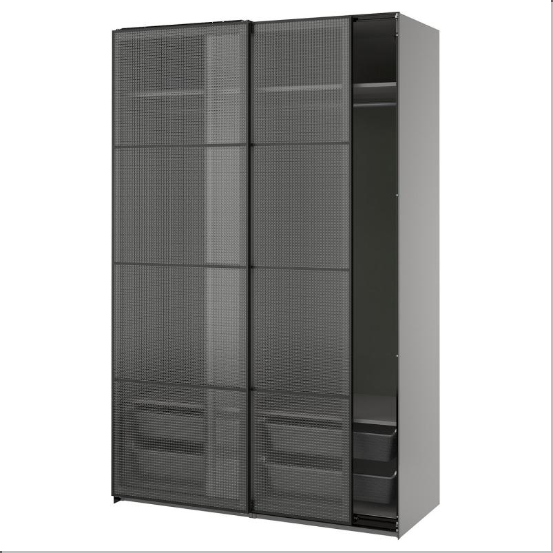 PAX パックス / LUNDBRASMA ルンドブレスマ ワードローブ 引き戸付 - ダークグレー ブラック/チェック柄ガラス 150x66x236cm