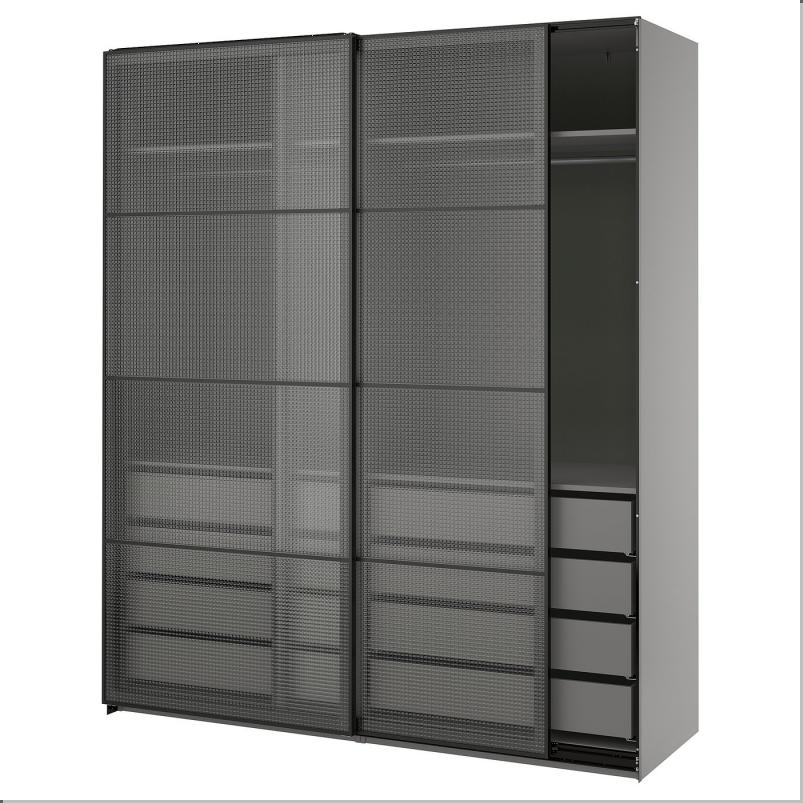 PAX パックス / LUNDBRASMA ルンドブレスマ ワードローブ 引き戸付 - ダークグレー ブラック/チェック柄ガラス 200x66x236cm