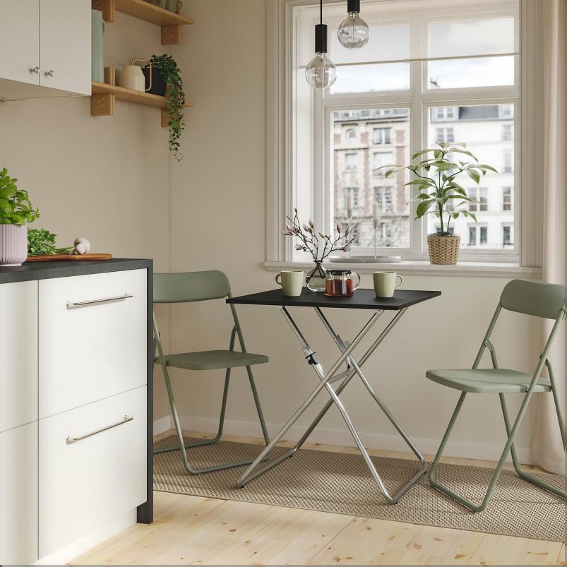 GUNDE グンデ / VIHALS ヴィーハルス テーブル＆折りたたみチェア2脚 - 折りたたみ式 ブラック/グリーン 67x67 cm