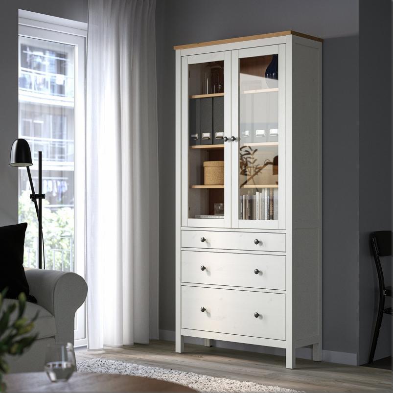 HEMNES ヘムネス コレクションケース（引き出し×3） - ホワイトステイン/ライトブラウン 90x198cm