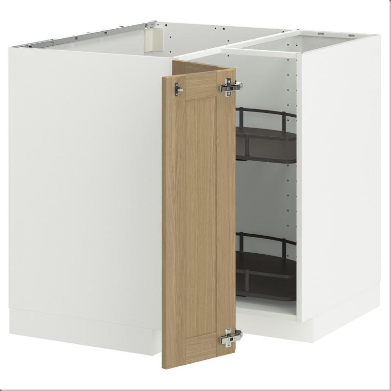 METOD メトード コーナーベースキャビネット 回転式収納付き - ホワイト/ヴェードハムン オーク 88x88x80cm