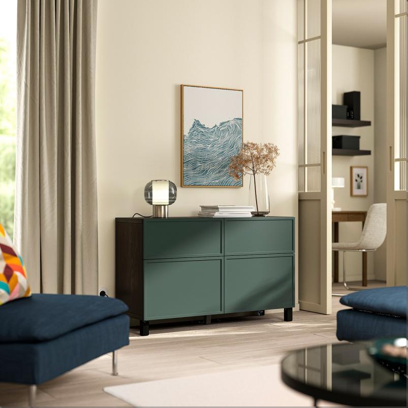 BESTA ベストー 収納コンビネーション 扉/引き出し付き - ブラックブラウン/クルークマカーレ ダークグレーグリーン 120x42x74cm