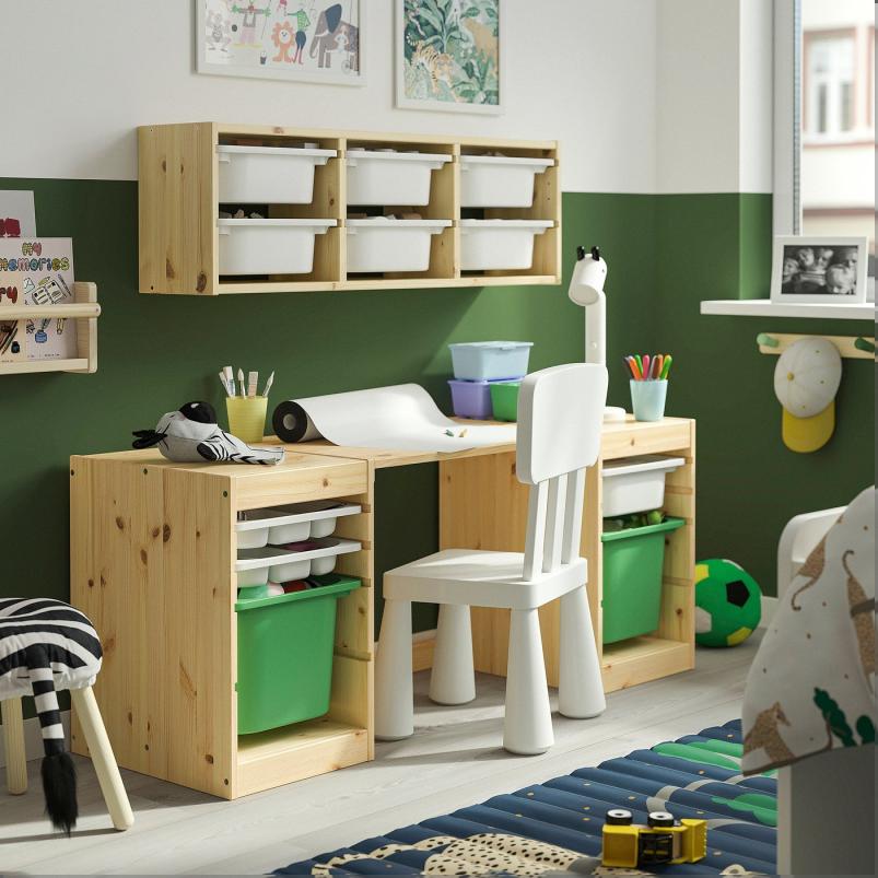 TROFAST トロファスト デスク 収納ボックス/トレイ付き - ライトホワイトステインパイン/ホワイト ブライトグリーン 124x44x53cm