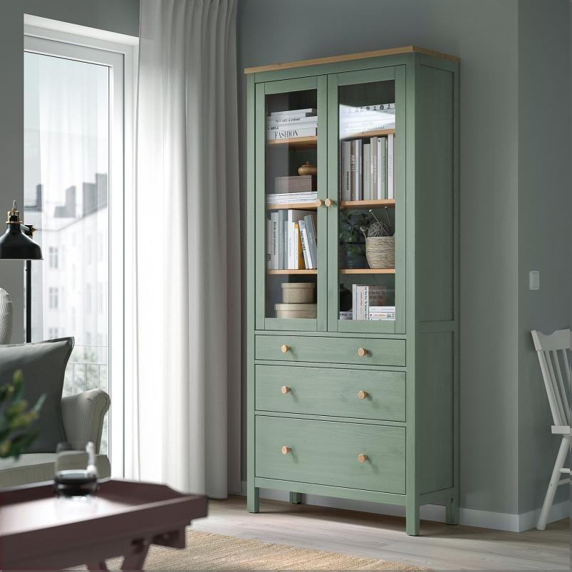 HEMNES ヘムネス コレクションケース（引き出し×3） - グレーグリーン/ライトブラウンステイン 90x197cm