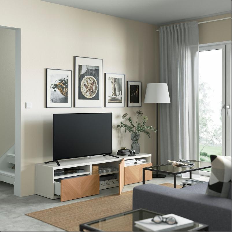 BESTA ベストー テレビ台 引き出し&扉付き - ホワイト/ヘデヴィーケン オーク材突き板 180x42x39cm