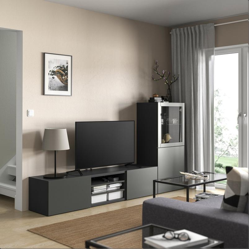 BESTA ベストー テレビボード/ガラス扉 - ダークグレー シンドヴィーク/ラップヴィーケン ダークグレー 240x42x129cm