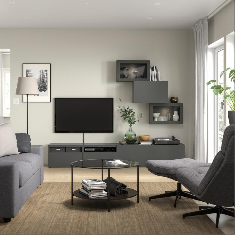 BESTA ベストー テレビボード/ガラス扉 - ダークグレー ラップヴィーケン/シンドヴィーク ダークグレー 240x42x190cm